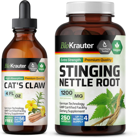 Organic Cats Claw Tincture and Stinging Nettle Capsules Combo - 4 Fl. Oz. & 250 Count