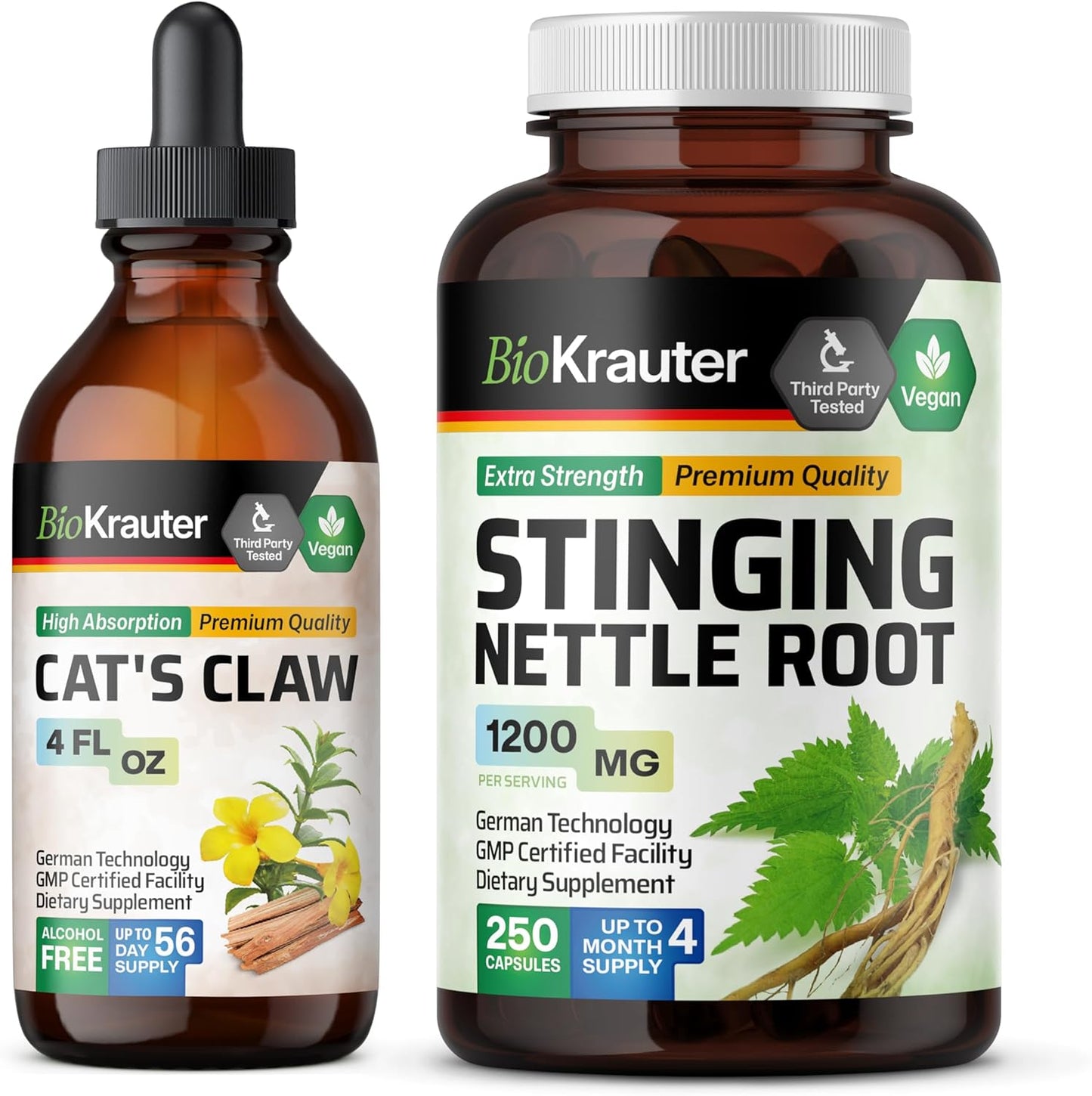 Organic Cats Claw Tincture and Stinging Nettle Capsules Combo - 4 Fl. Oz. & 250 Count