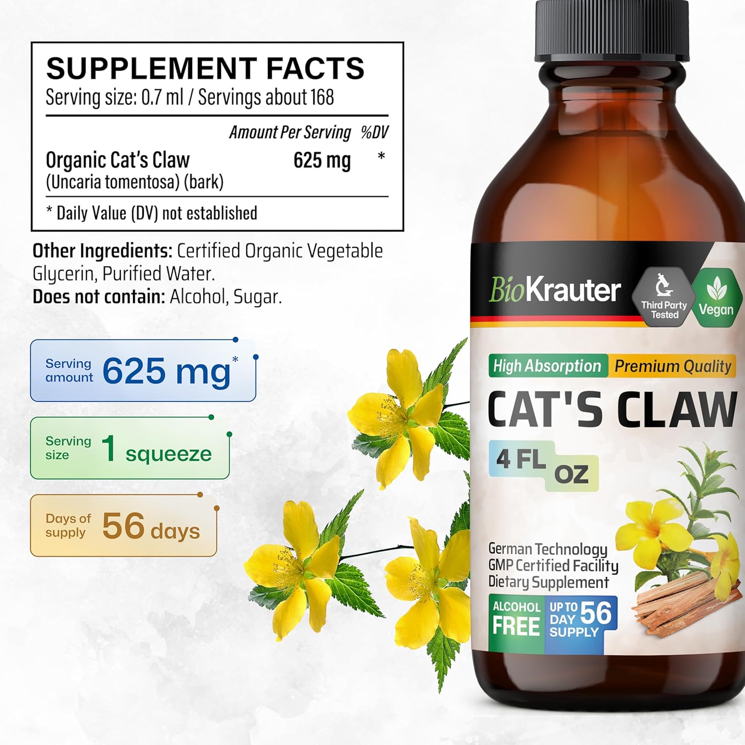 Organic Cats Claw Tincture and Stinging Nettle Capsules Combo - 4 Fl. Oz. & 250 Count