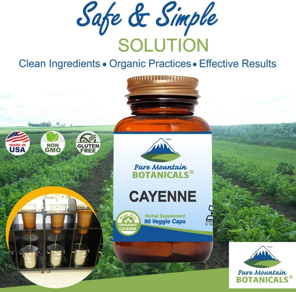 Organic Cayenne Pepper Capsules - 90 Kosher Vegan Capsules with 500mg Cayenne Pepper and Capsaicin by Pure Mountain Botanicals