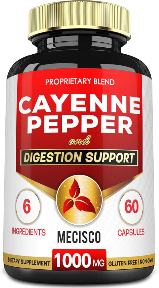 Organic Cayenne Pepper Capsules with Ginger, Beet Root, Black Pepper - 60 Capsules - Supports Digestion, Immunity, Joint Health - Mecisco 6in1 Supplement