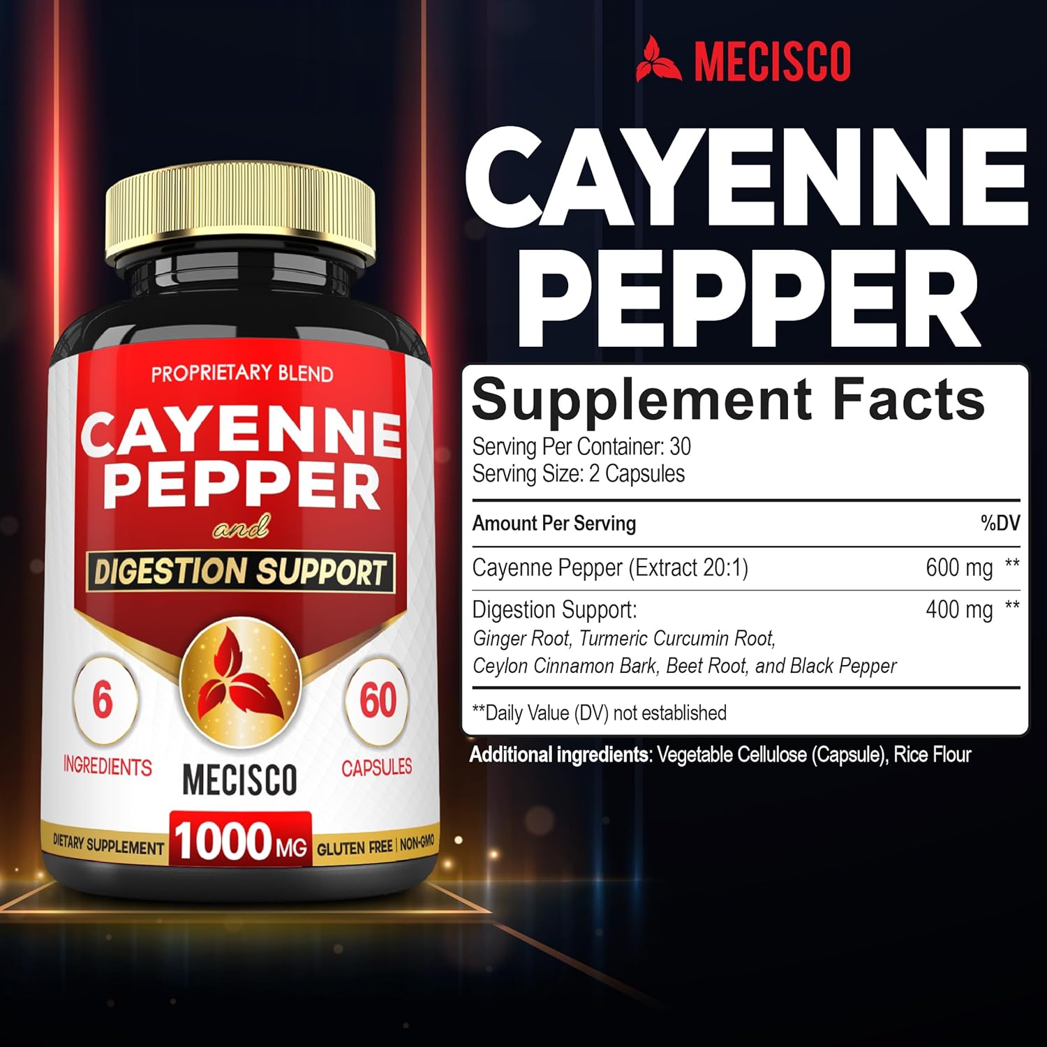 Organic Cayenne Pepper Capsules with Ginger, Beet Root, Black Pepper - 60 Capsules - Supports Digestion, Immunity, Joint Health - Mecisco 6in1 Supplement