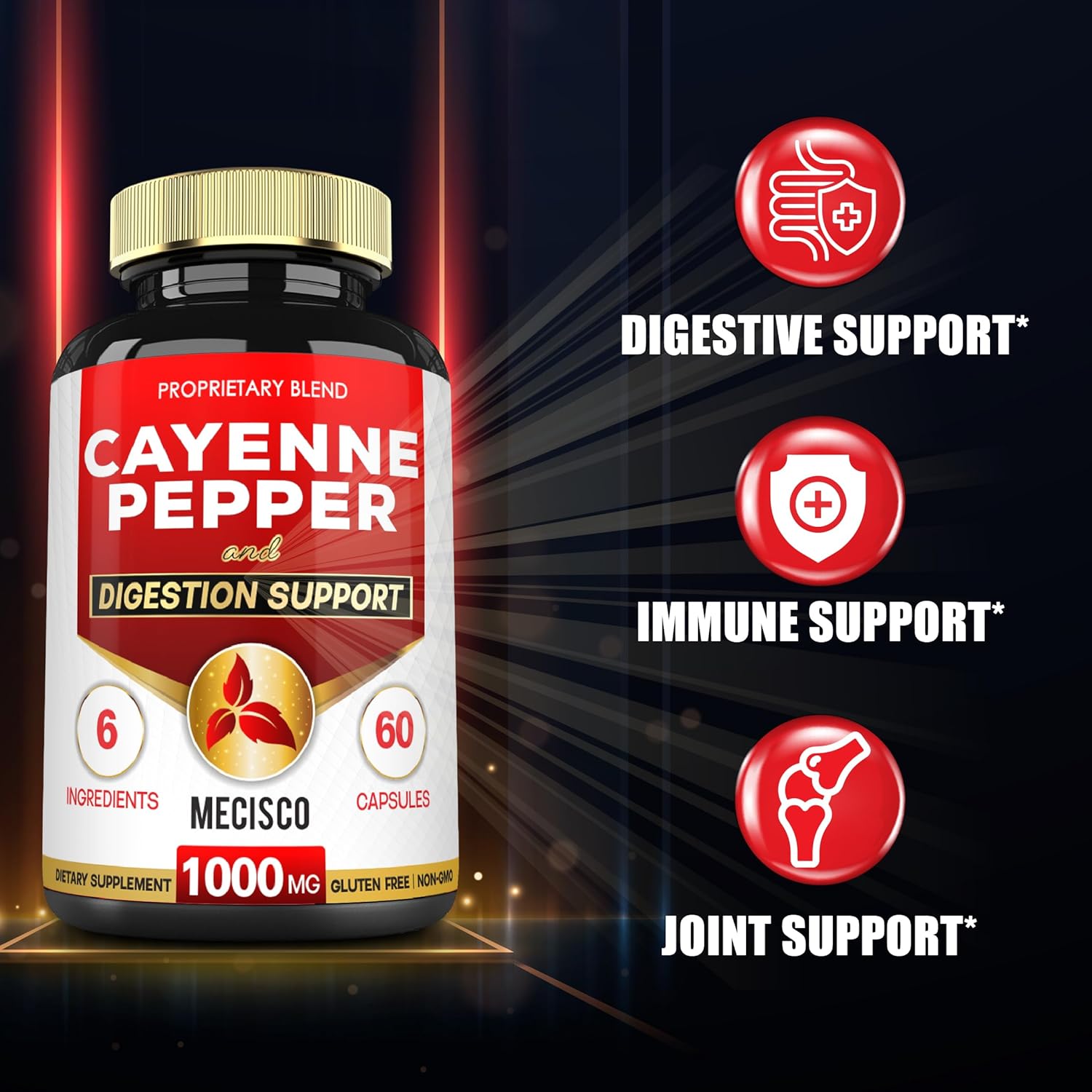 Organic Cayenne Pepper Capsules with Ginger, Beet Root, Black Pepper - 60 Capsules - Supports Digestion, Immunity, Joint Health - Mecisco 6in1 Supplement