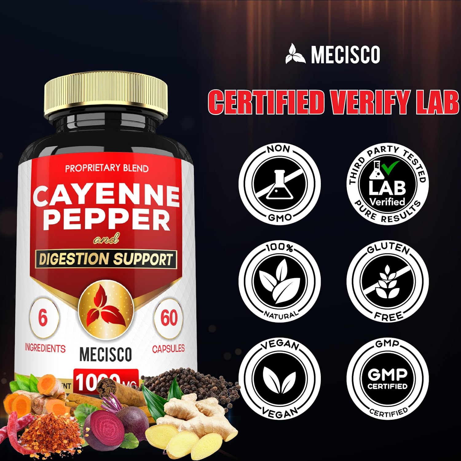 Organic Cayenne Pepper Capsules with Ginger, Beet Root, Black Pepper - 60 Capsules - Supports Digestion, Immunity, Joint Health - Mecisco 6in1 Supplement
