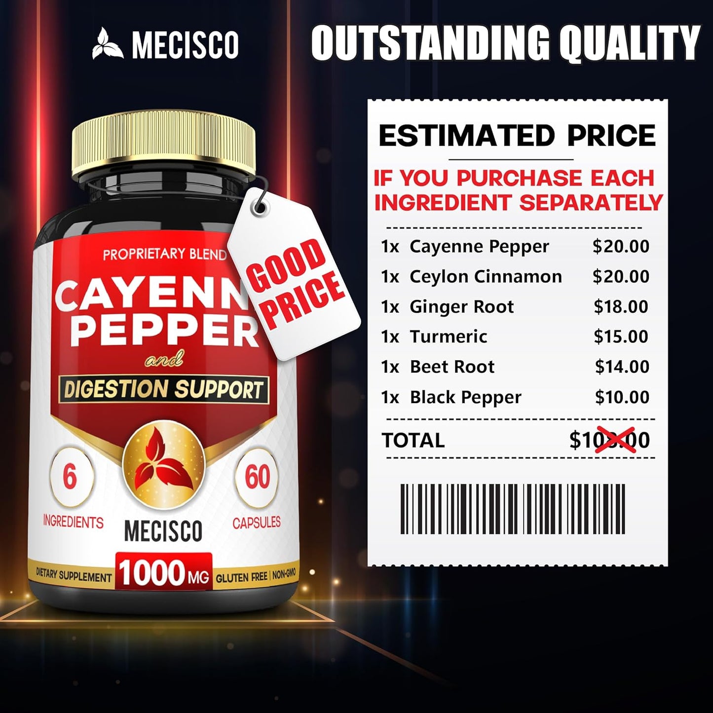 Organic Cayenne Pepper Capsules with Ginger, Beet Root, Black Pepper - 60 Capsules - Supports Digestion, Immunity, Joint Health - Mecisco 6in1 Supplement