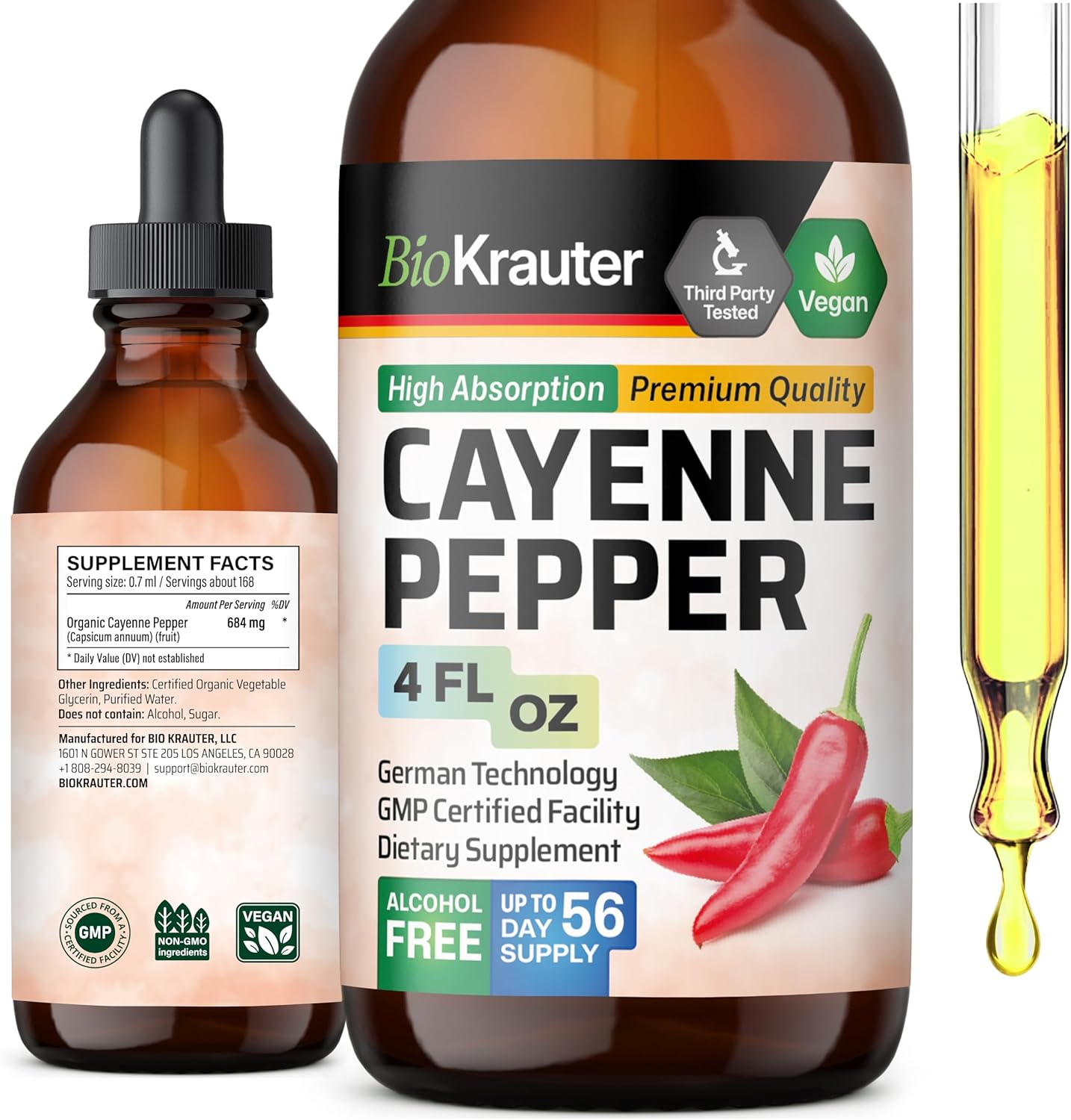 Organic Cayenne Pepper Extract Liquid Drops - Pure Capsaicin Supplement for Digestive Health - 4 Fl.Oz. Sugar & Alcohol Free