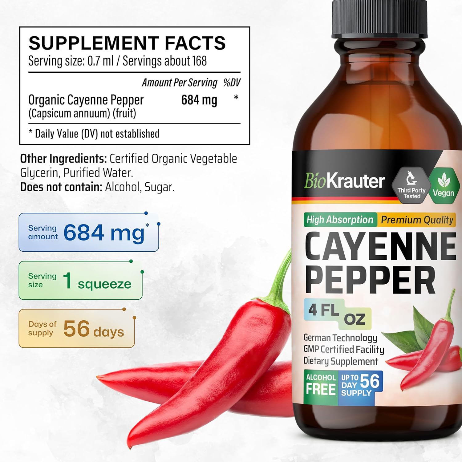 Organic Cayenne Pepper Extract Liquid Drops - Pure Capsaicin Supplement for Digestive Health - 4 Fl.Oz. Sugar & Alcohol Free