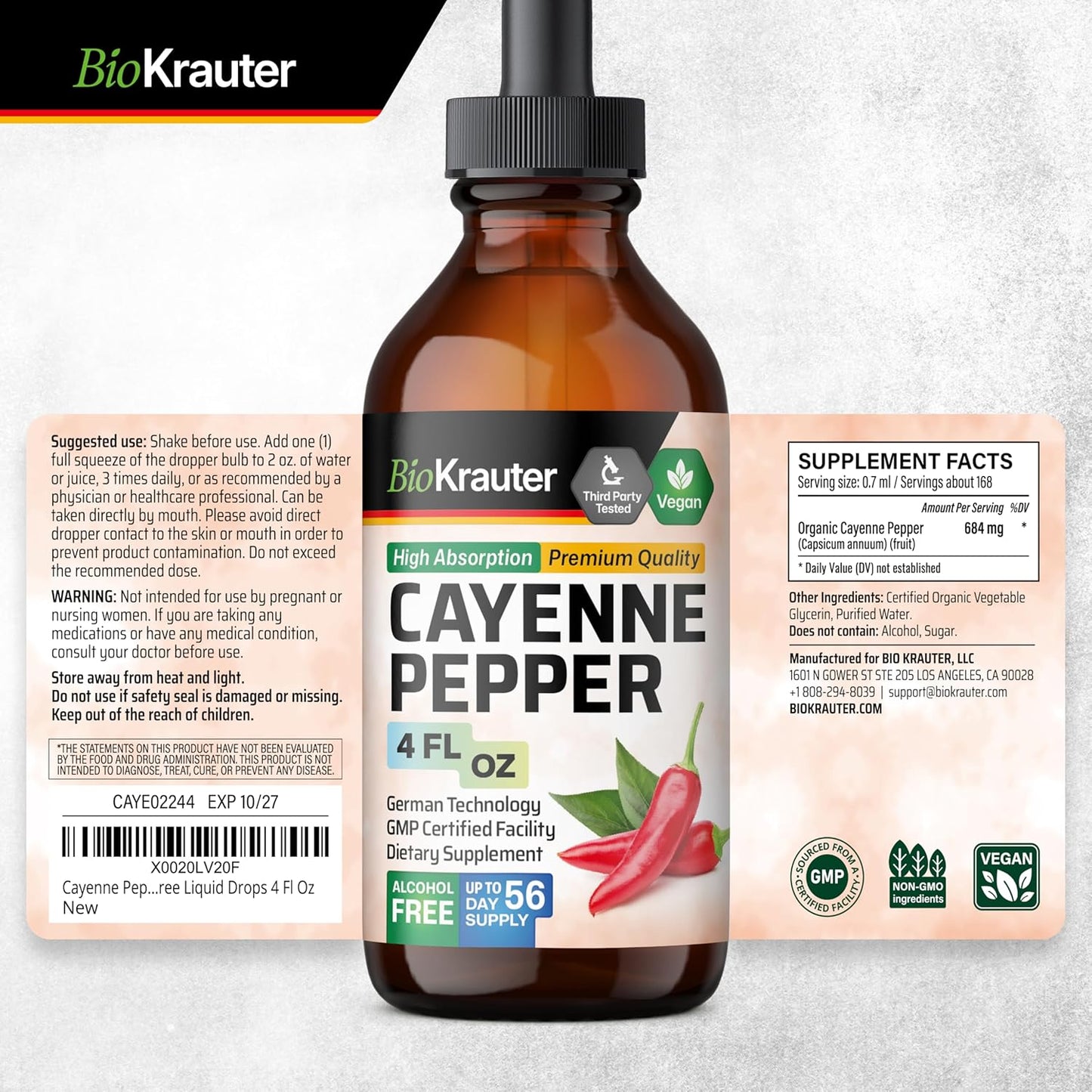 Organic Cayenne Pepper Extract Liquid Drops - Pure Capsaicin Supplement for Digestive Health - 4 Fl.Oz. Sugar & Alcohol Free