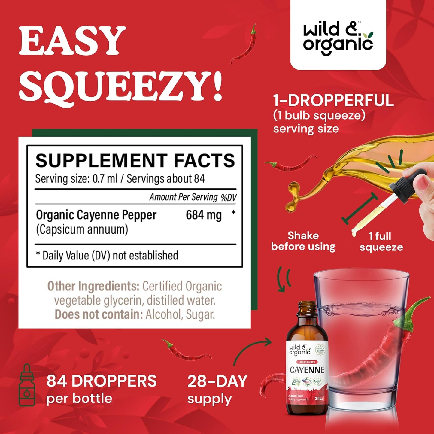 Organic Cayenne Pepper Tincture for Digestive Support - Capsaicin Supplement Liquid - Vegan & Alcohol-Free - 2 fl oz