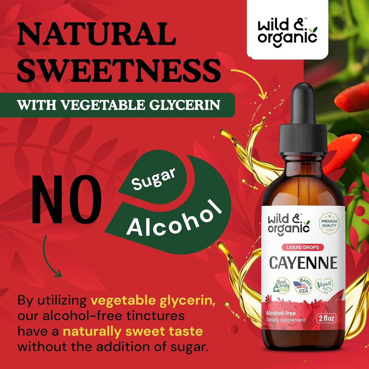 Organic Cayenne Pepper Tincture for Digestive Support - Capsaicin Supplement Liquid - Vegan & Alcohol-Free - 2 fl oz