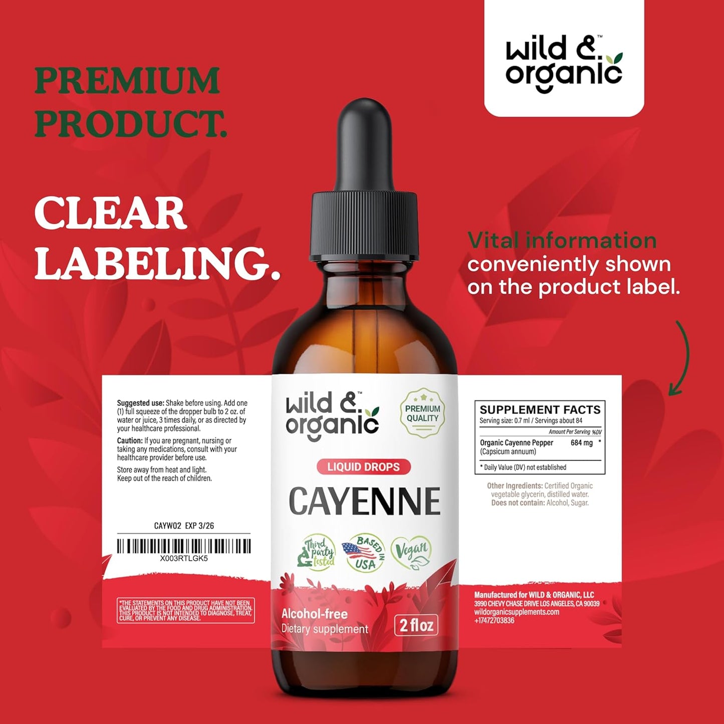 Organic Cayenne Pepper Tincture for Digestive Support - Capsaicin Supplement Liquid - Vegan & Alcohol-Free - 2 fl oz