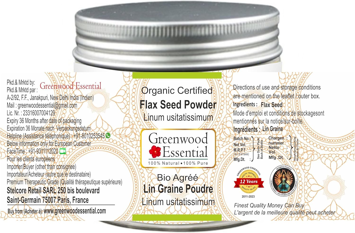 Organic Certified Flax Seed Powder 200gm - 100% Pure Therapeutic Grade - Greenwood Essential