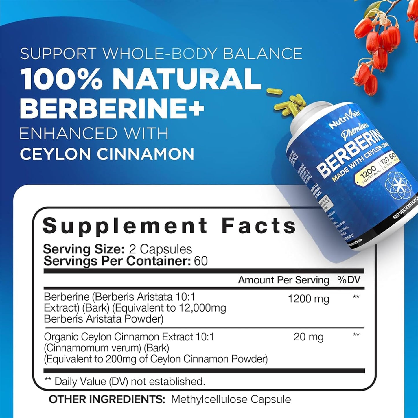 Organic Ceylon Cinnamon & Berberine HCI Capsules - Immune Support & Weight Management - 1200mg Berberine Supplement