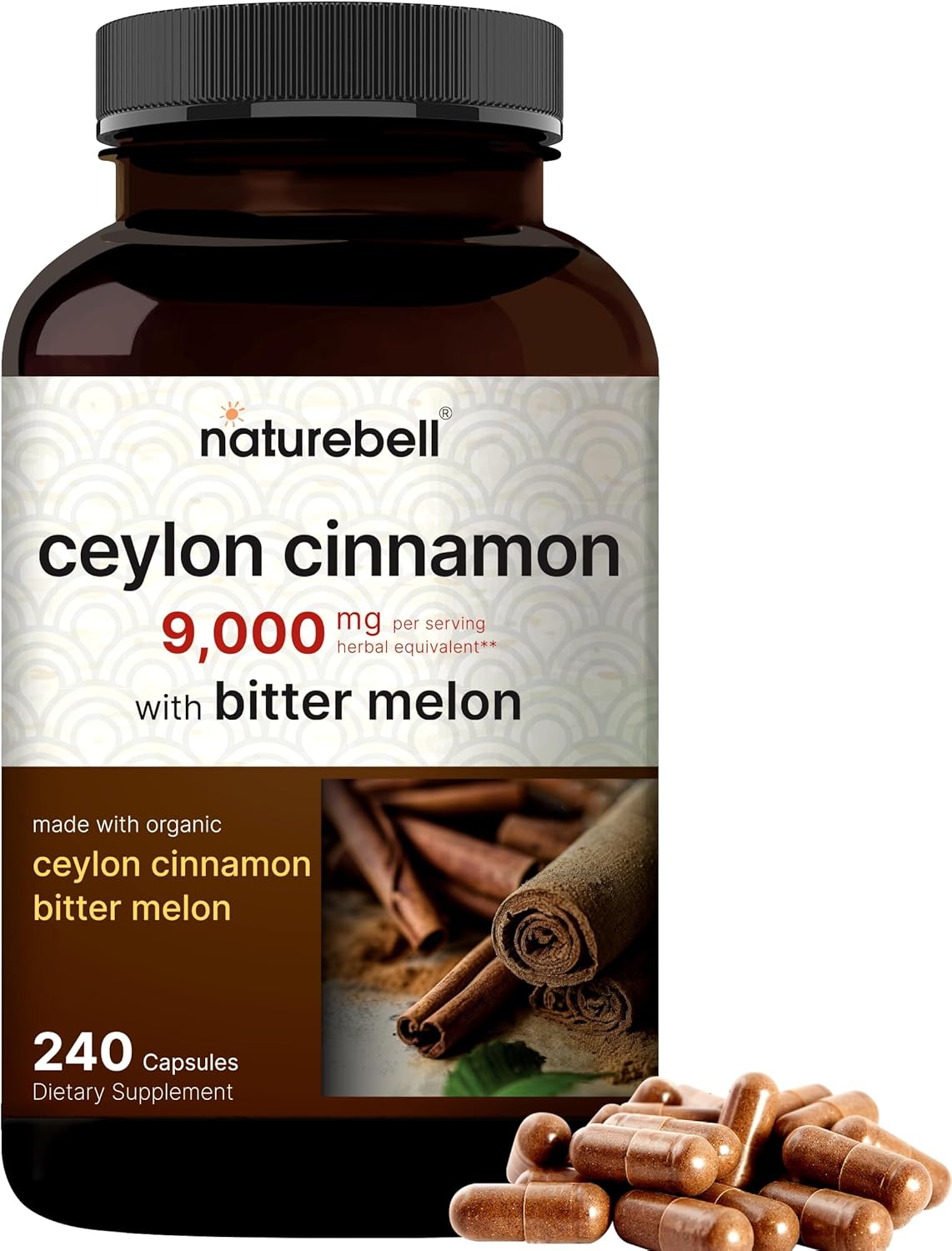 Organic Ceylon Cinnamon & Bitter Melon Capsules - 9,000mg, 240 Count - Non-GMO & Gluten-Free - Sri Lanka Cinnamon