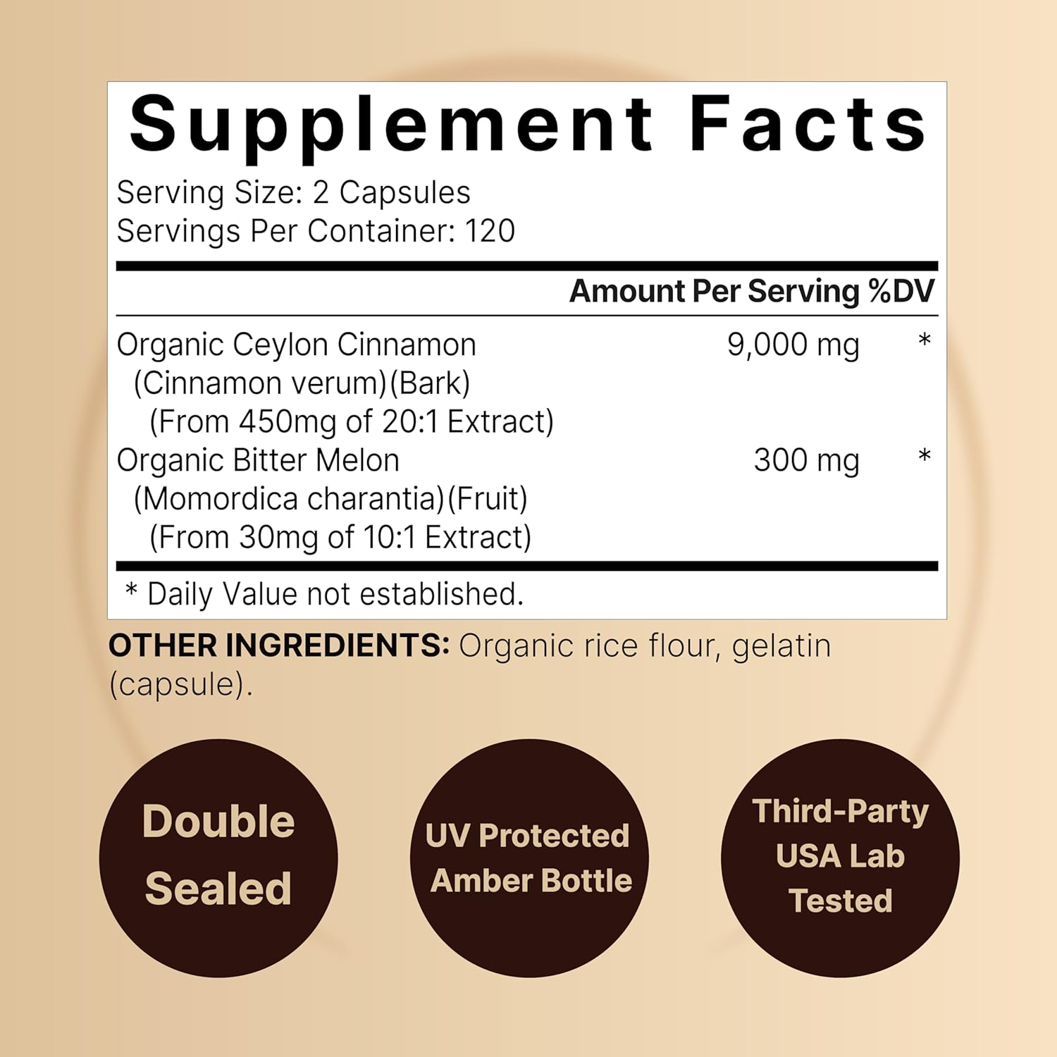 Organic Ceylon Cinnamon & Bitter Melon Capsules - 9,000mg, 240 Count - Non-GMO & Gluten-Free - Sri Lanka Cinnamon
