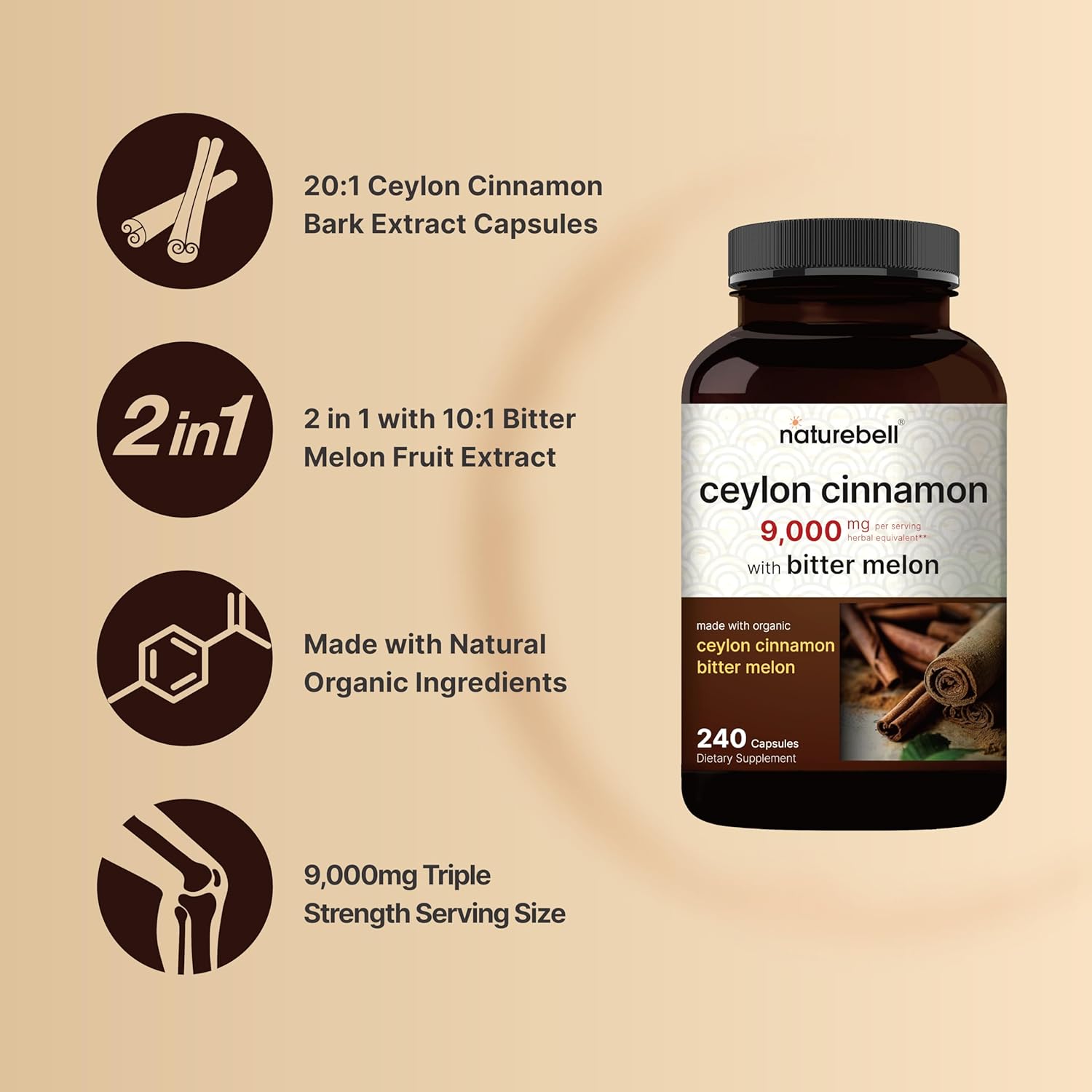 Organic Ceylon Cinnamon & Bitter Melon Capsules - 9,000mg, 240 Count - Non-GMO & Gluten-Free - Sri Lanka Cinnamon