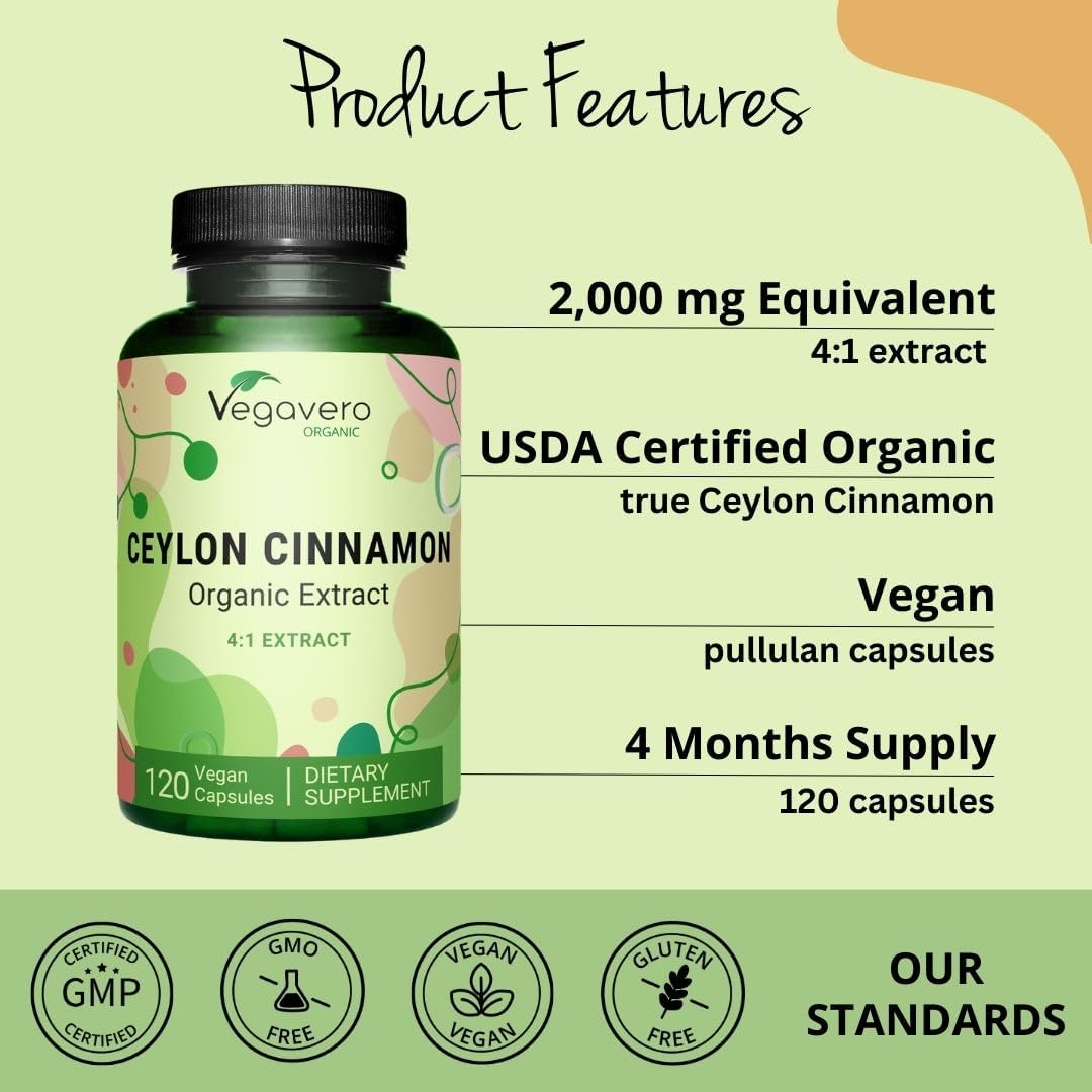 Organic Ceylon Cinnamon Capsules - 2000mg, USDA Certified, Non-GMO, Vegan - 4 Month Supply of 120 Capsules, No Artificial Additives