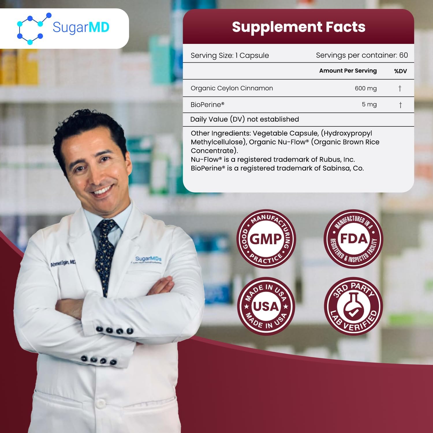 Organic Ceylon Cinnamon Capsules - 600mg Supplement, Non-GMO, Gluten-Free, Vegan - 60 Day Supply