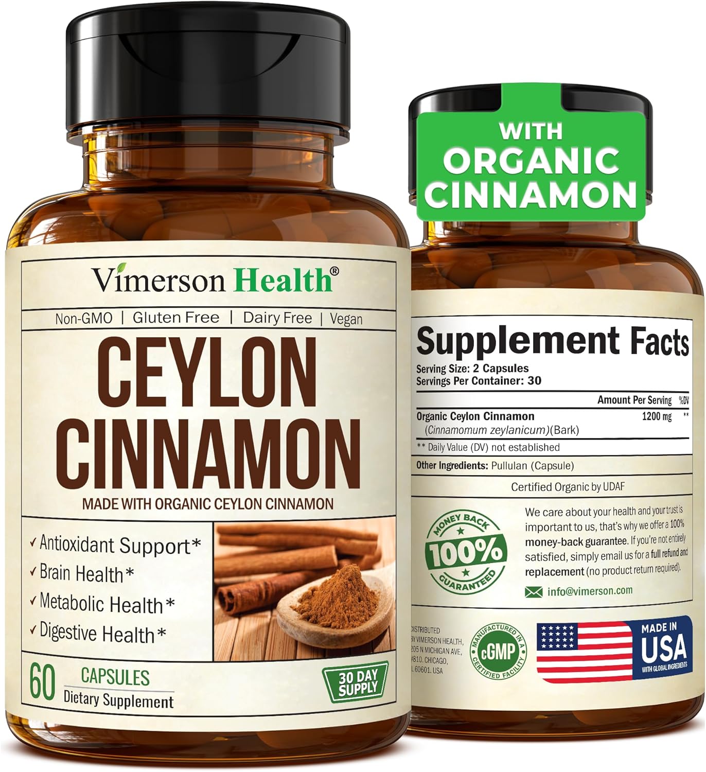 Organic Ceylon Cinnamon Capsules - Antioxidant & Anti-inflammatory Support. Non-GMO, Vegan 60ct - Made in USA by Vimerson Health