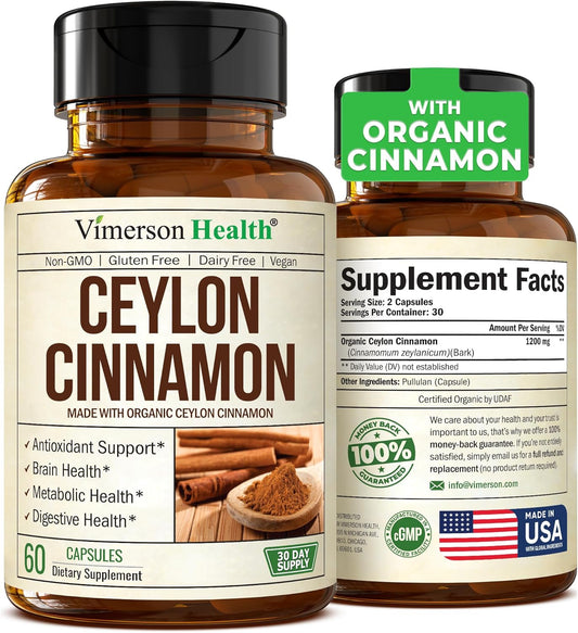 Organic Ceylon Cinnamon Capsules - Antioxidant & Anti-inflammatory Support. Non-GMO, Vegan 60ct - Made in USA by Vimerson Health