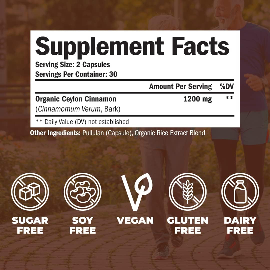 Organic Ceylon Cinnamon Capsules - Antioxidant & Anti-inflammatory Support. Non-GMO, Vegan 60ct - Made in USA by Vimerson Health