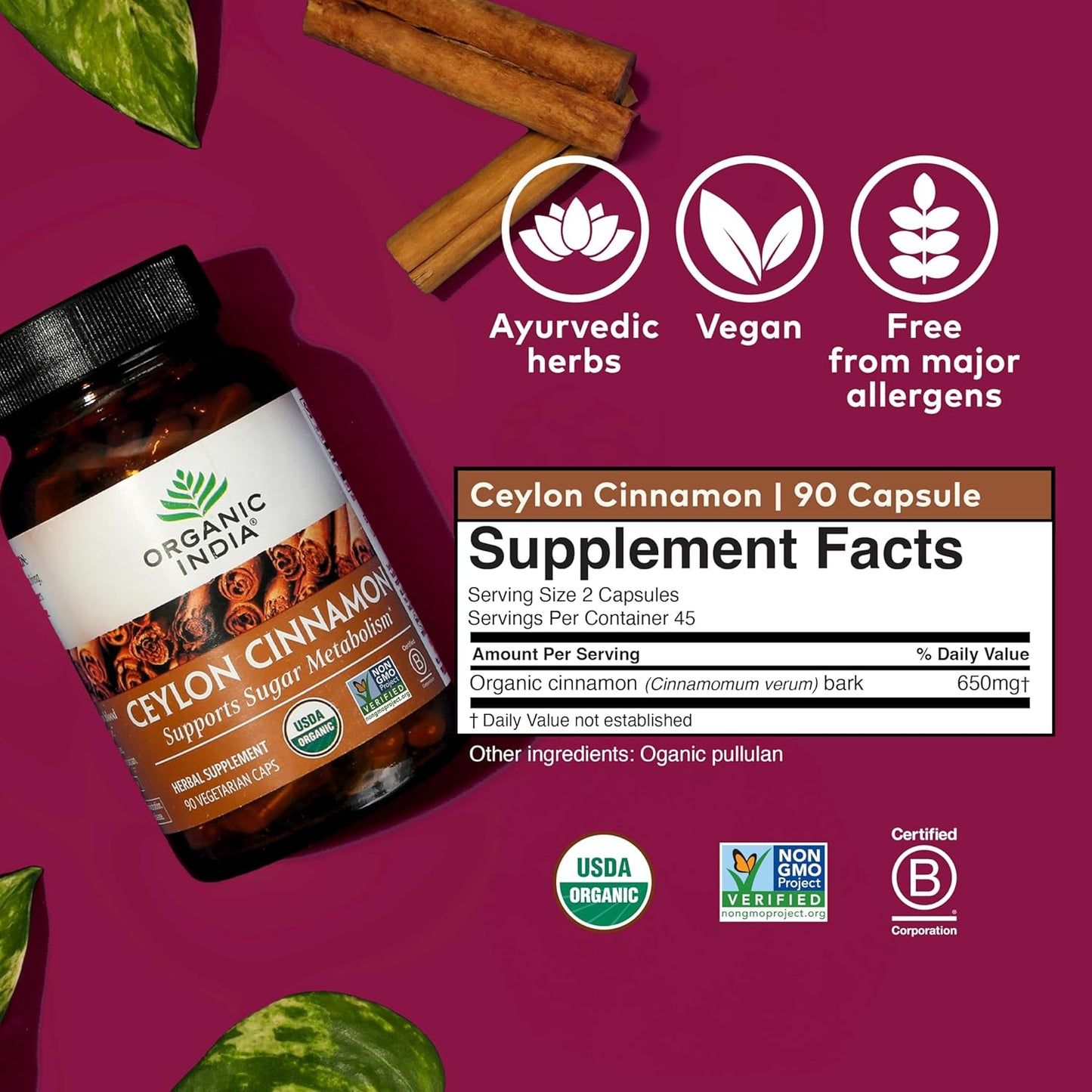 Organic Ceylon Cinnamon Capsules - Herbal Supplement for Digestion & Antioxidants - USDA Organic, Vegan, Gluten-Free - 90 Capsules