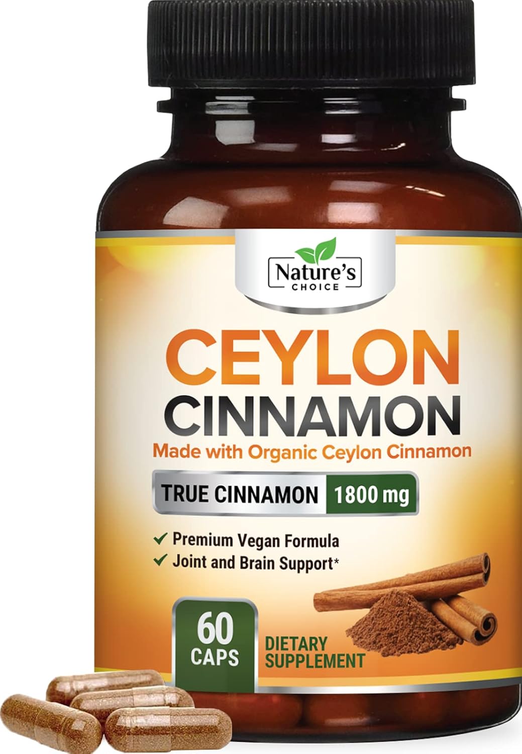Organic Ceylon Cinnamon Capsules 1800mg - Non-GMO Antioxidant Pills, 60 Count Gluten Free Supplement