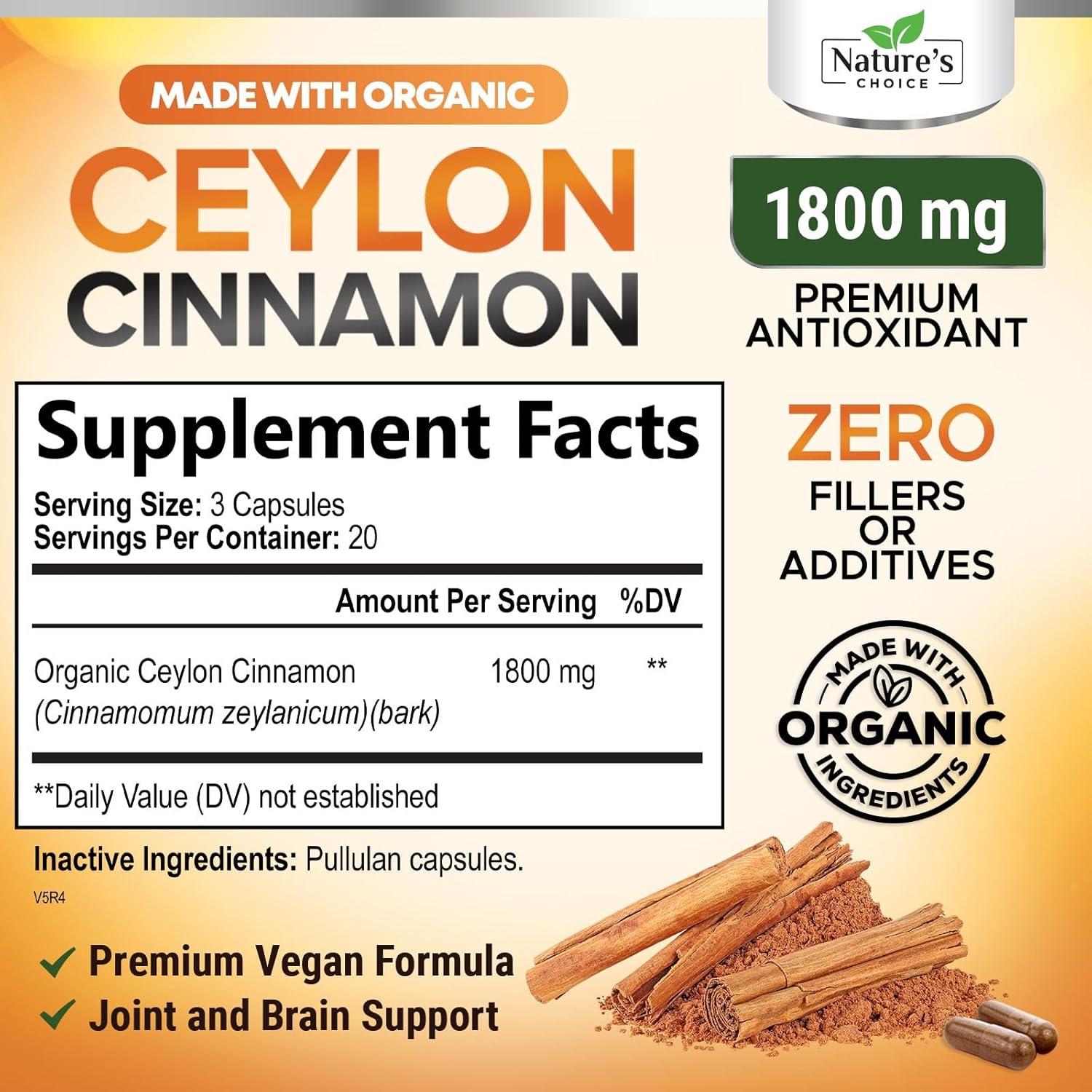 Organic Ceylon Cinnamon Capsules 1800mg - Non-GMO Antioxidant Pills, 60 Count Gluten Free Supplement
