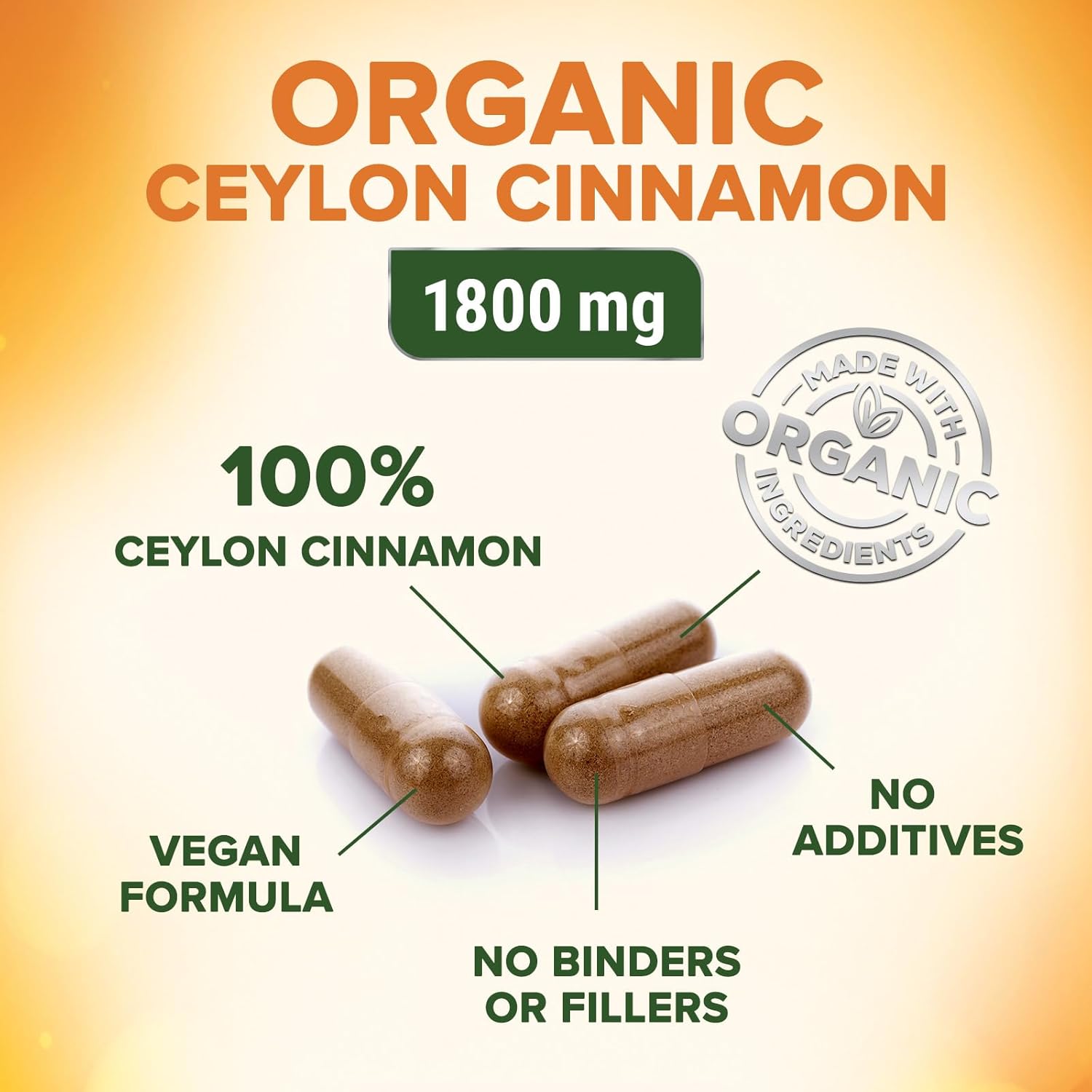 Organic Ceylon Cinnamon Capsules 1800mg - Non-GMO Antioxidant Pills, 60 Count Gluten Free Supplement