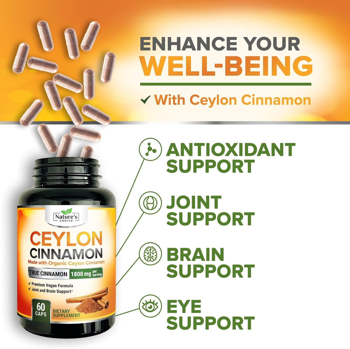 Organic Ceylon Cinnamon Capsules 1800mg - Non-GMO Antioxidant Pills, 60 Count Gluten Free Supplement