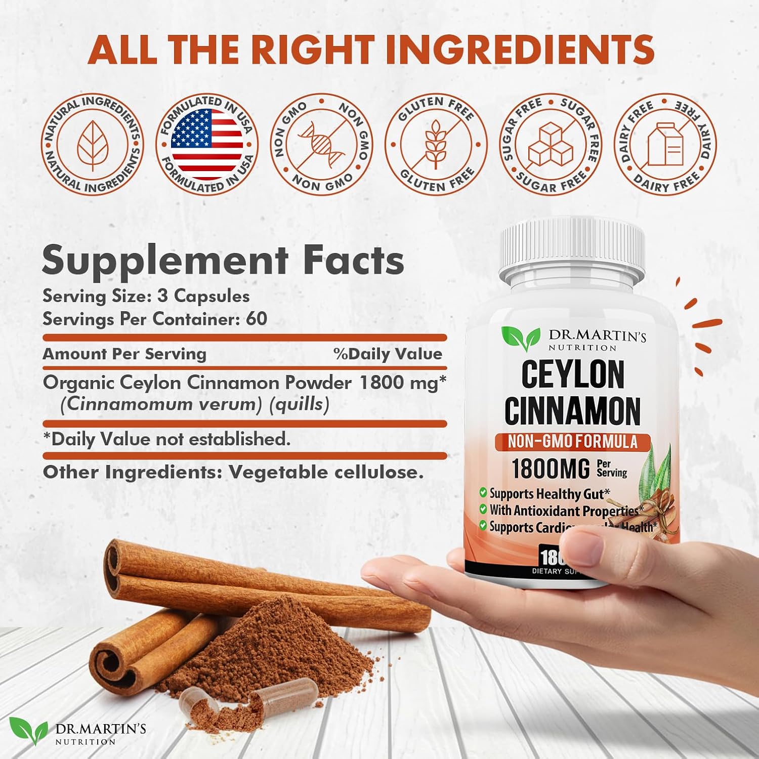 Organic Ceylon Cinnamon Capsules 1800mg | 180 Count | Supports Joint Health, Inflammation, Antioxidants, Cardiovascular | Non-GMO Gluten-Free