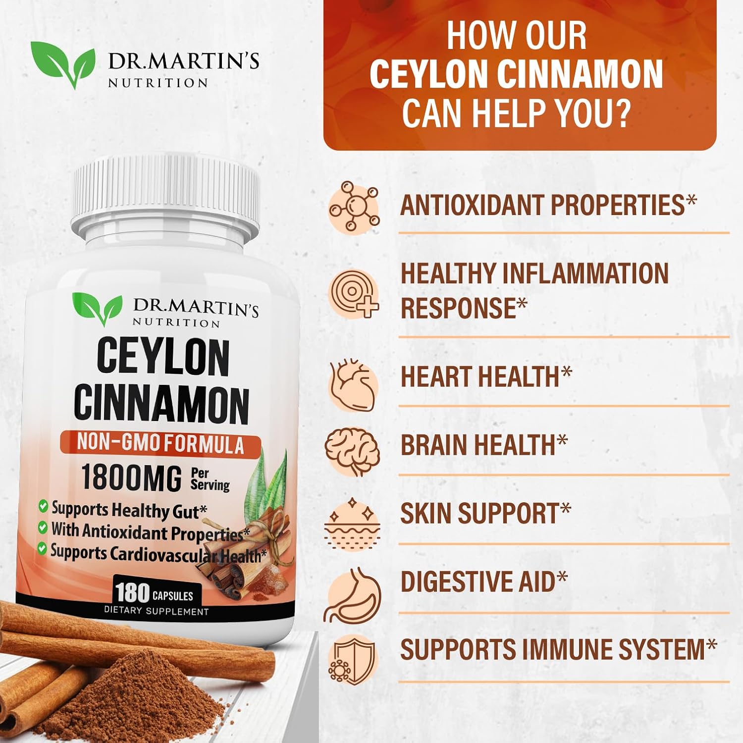 Organic Ceylon Cinnamon Capsules 1800mg | 180 Count | Supports Joint Health, Inflammation, Antioxidants, Cardiovascular | Non-GMO Gluten-Free