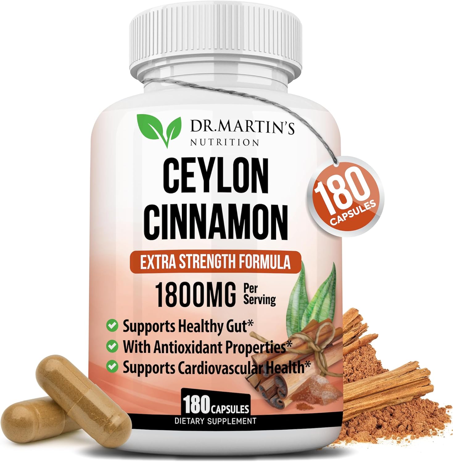 Organic Ceylon Cinnamon Capsules 1800mg | 180 Count | Supports Joint Health, Inflammation, Antioxidants, Cardiovascular | Non-GMO Gluten-Free