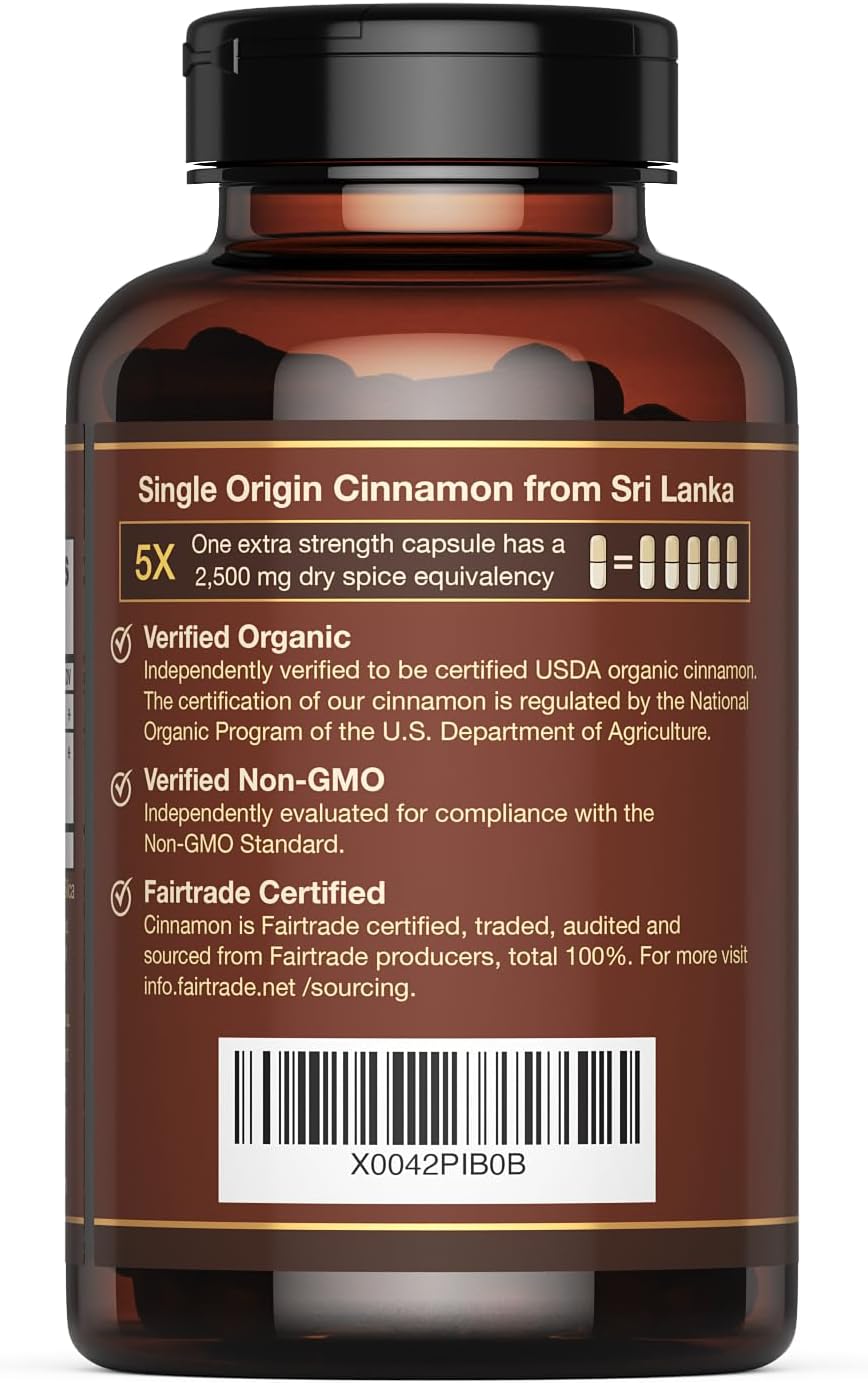 Organic Ceylon Cinnamon Capsules | Extra Strength Supplement | Super Antioxidant | 120 Capsules | 4 Month Supply