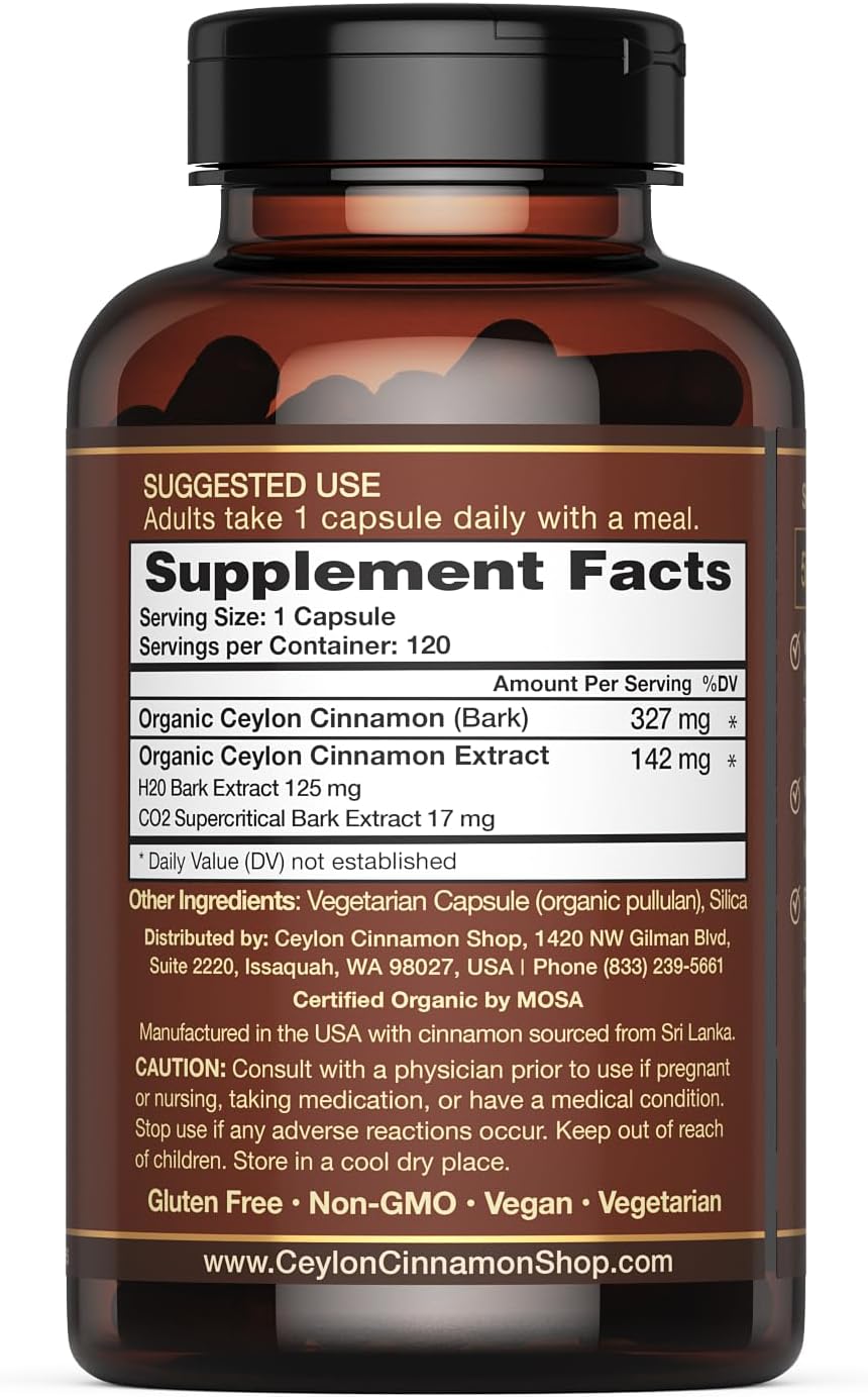 Organic Ceylon Cinnamon Capsules | Extra Strength Supplement | Super Antioxidant | 120 Capsules | 4 Month Supply