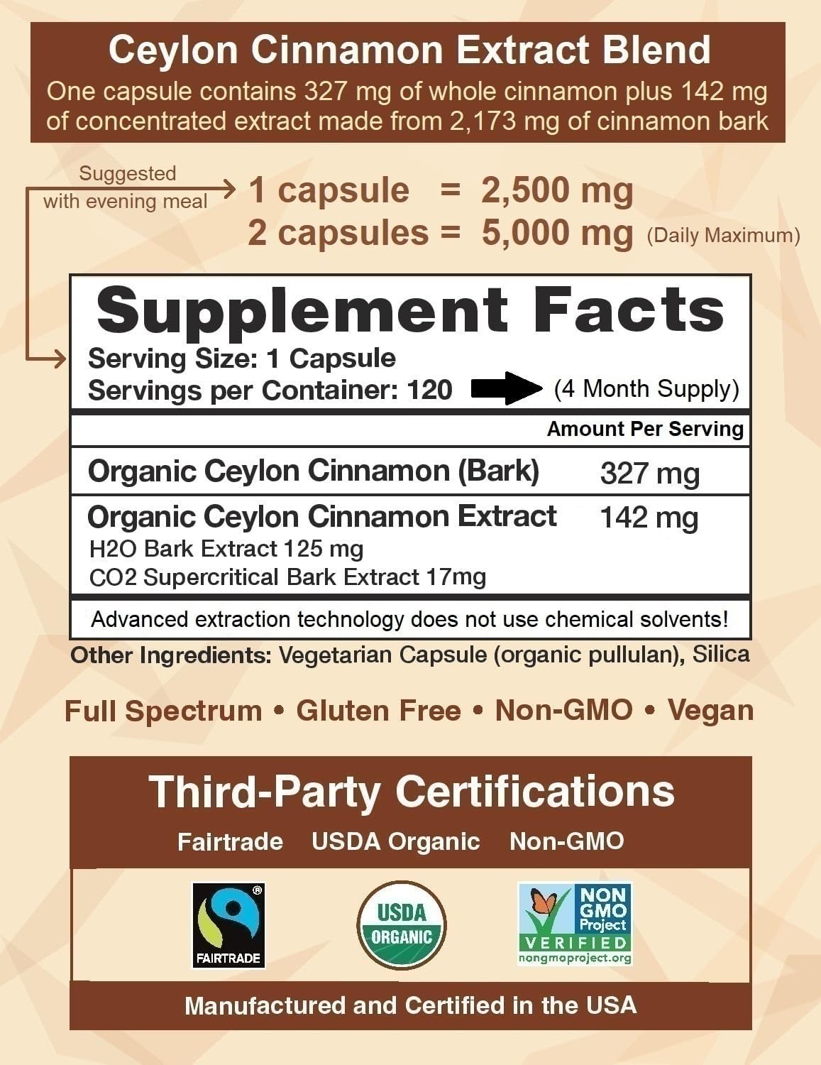 Organic Ceylon Cinnamon Capsules | Extra Strength Supplement | Super Antioxidant | 120 Capsules | 4 Month Supply