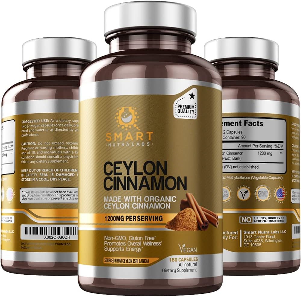 Organic Ceylon Cinnamon Supplement 1200mg - 180 Vegan Capsules - 100% Pure Ceylon Cinnamon - Smart Nutra Labs