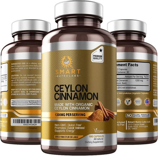 Organic Ceylon Cinnamon Supplement 1200mg - 180 Vegan Capsules - 100% Pure Ceylon Cinnamon - Smart Nutra Labs