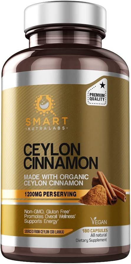 Organic Ceylon Cinnamon Supplement 1200mg - 180 Vegan Capsules - 100% Pure Ceylon Cinnamon - Smart Nutra Labs