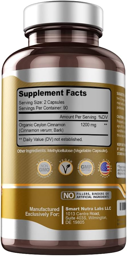 Organic Ceylon Cinnamon Supplement 1200mg - 180 Vegan Capsules - 100% Pure Ceylon Cinnamon - Smart Nutra Labs