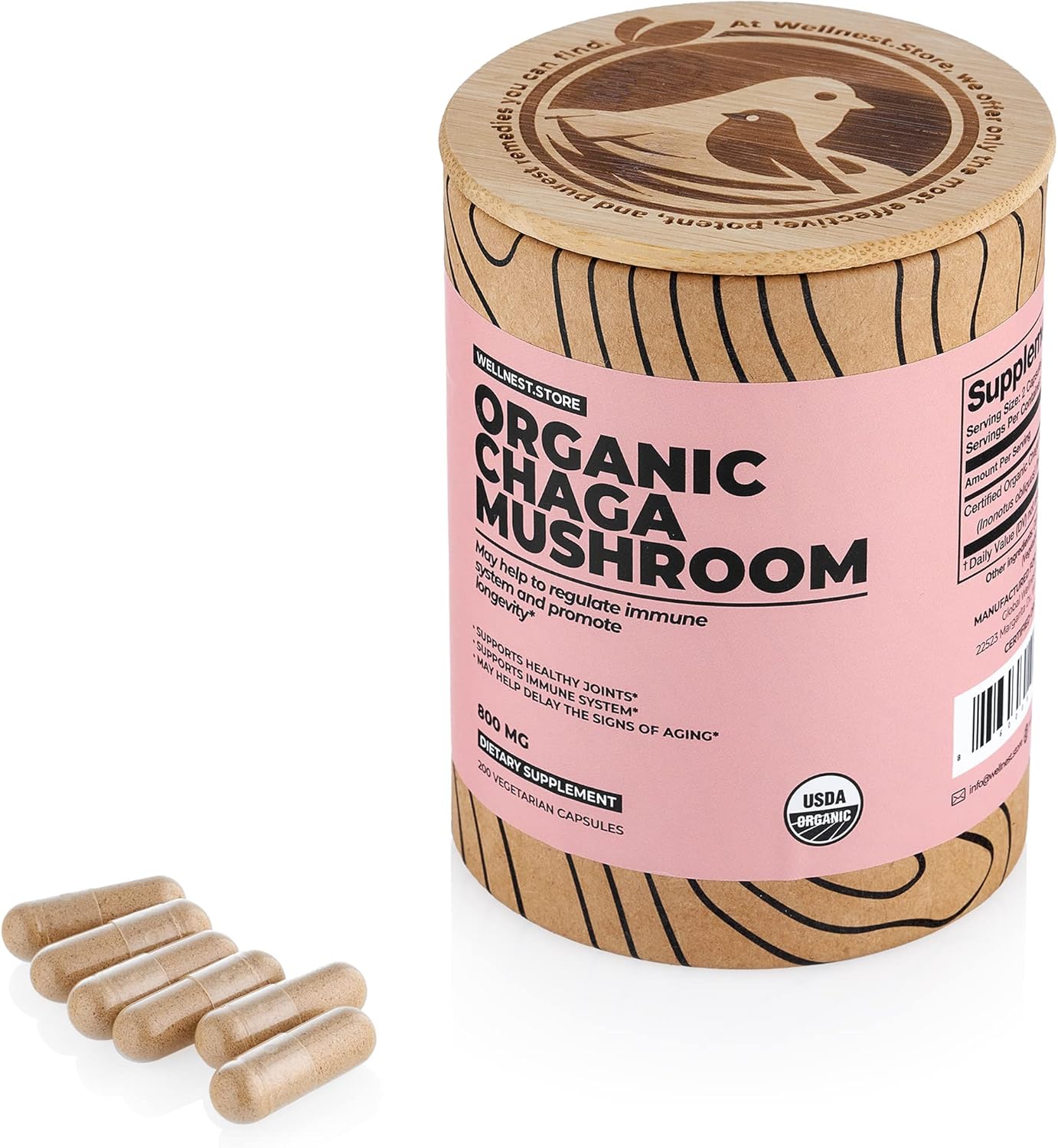 Organic Chaga Mushroom Supplement Capsules - 200 Veggie Caps, Anti-Inflammatory, Joint Support, Immune Boost, Cognitive Function, Antioxidant