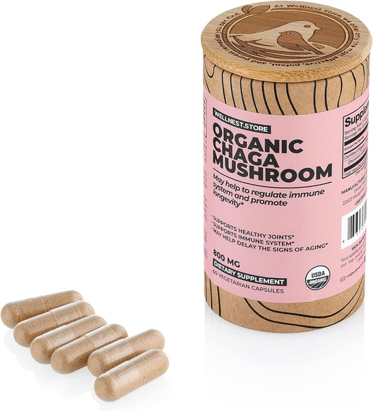 Organic Chaga Mushroom Supplement with Inonotus Extract - 60 Veggie Capsules for Inflammation and Joint Health. Immune Boosting, Cognitive Function, Antioxidant Support.