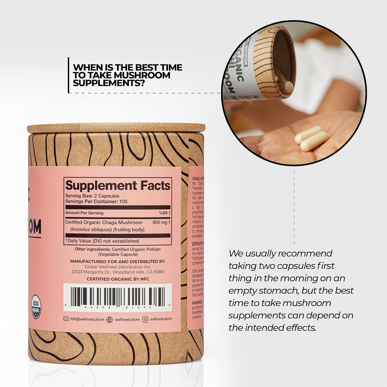 Organic Chaga Mushroom Supplement with Inonotus Extract - 60 Veggie Capsules for Inflammation and Joint Health. Immune Boosting, Cognitive Function, Antioxidant Support.