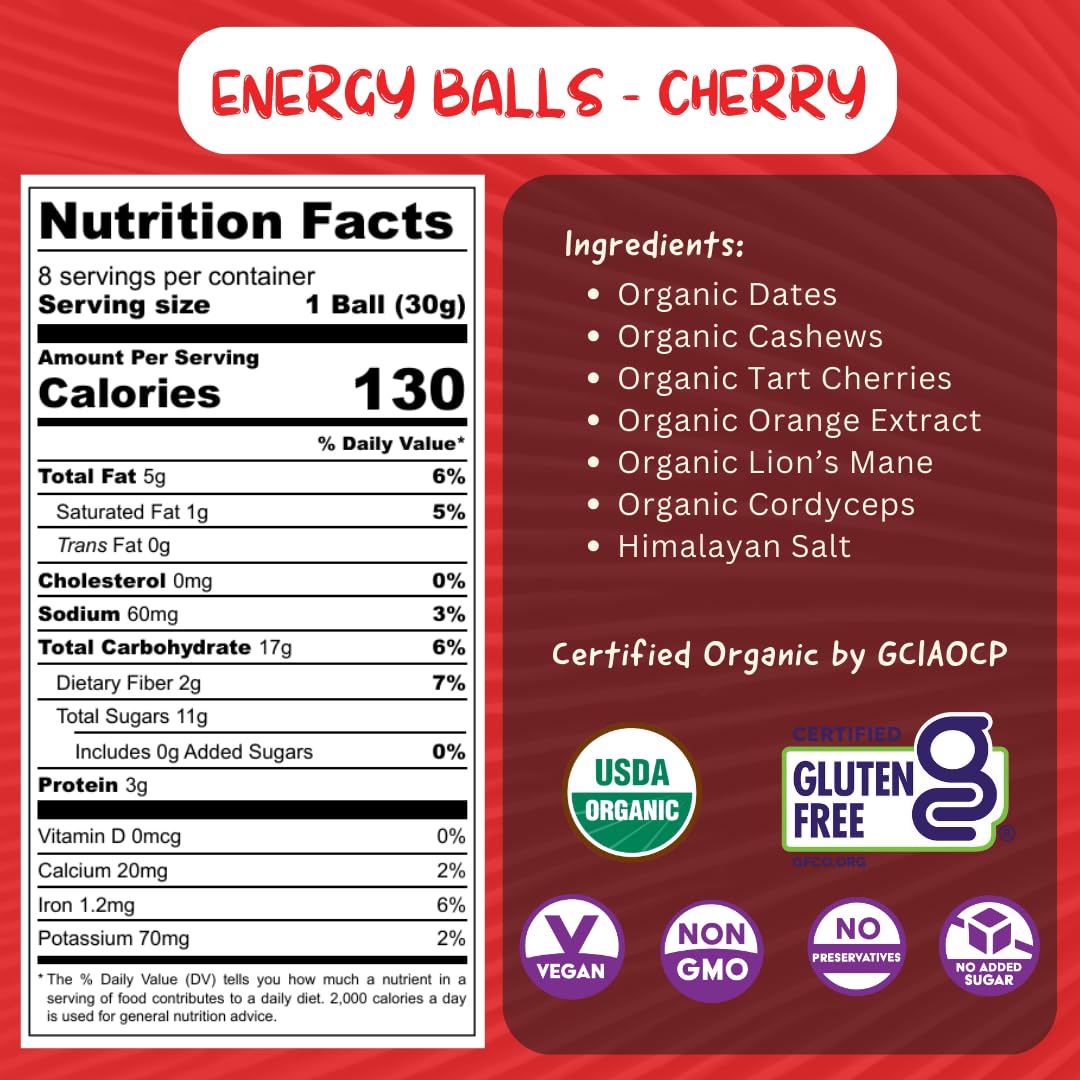 Organic Cherry Energy Balls with Superfood Mushrooms - Vegan Snack for Running, Cycling, Hiking - Lion's Mane Focus, Cordyceps Energy - Gluten Free - Kids & Adults - 8.5 oz
