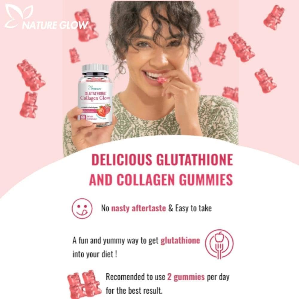 Organic Chewable Gummies with Nature Glow Glutathione Collagen for Radiant Skin - Strawberry Flavor (60 Count)