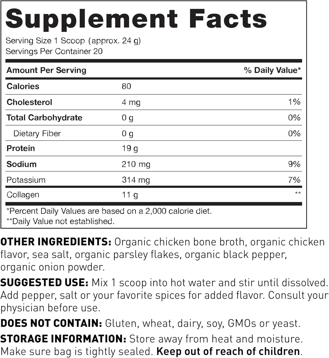 Organic Chicken Bone Broth Collagen Powder - Supports Hair, Skin, Nails, Bones & Joints Health - Keto Friendly - 20 Servings