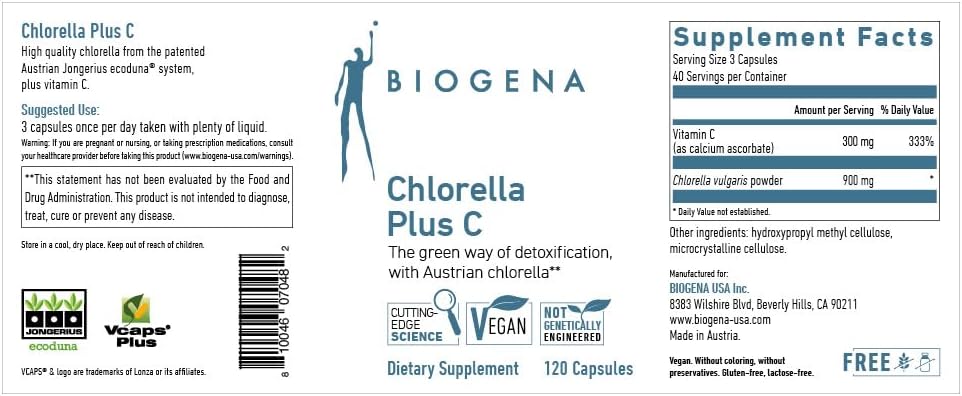 Organic Chlorella Plus C Capsules - 900mg Green Alga Detox Support Supplement