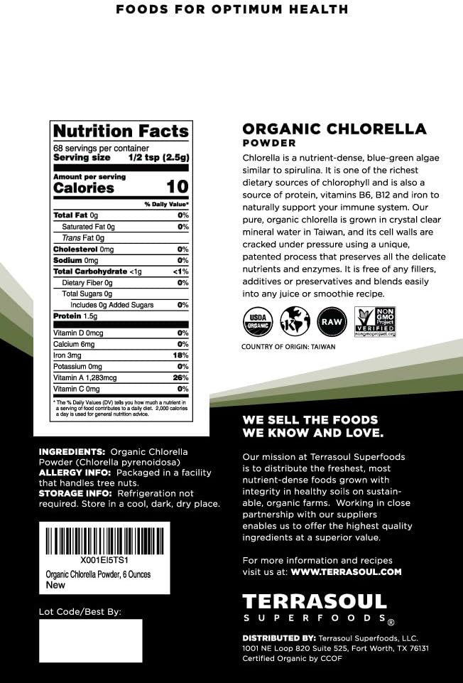 Organic Chlorella Powder with Cracked Cell Walls - 24 Oz (2 Pack) by Terrasoul Superfoods