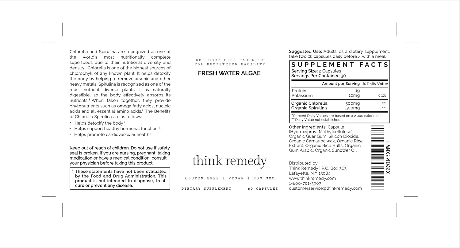 Organic Chlorella Spirulina Capsules - Detox Supplement with Potent Chlorophyll - 60 Pills - Freshwater Algae Blend