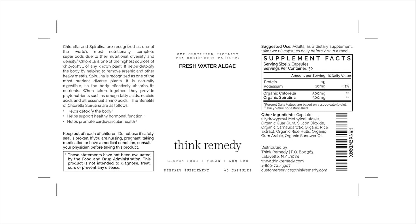 Organic Chlorella Spirulina Capsules - Detox Supplement with Potent Chlorophyll - 60 Pills - Freshwater Algae Blend